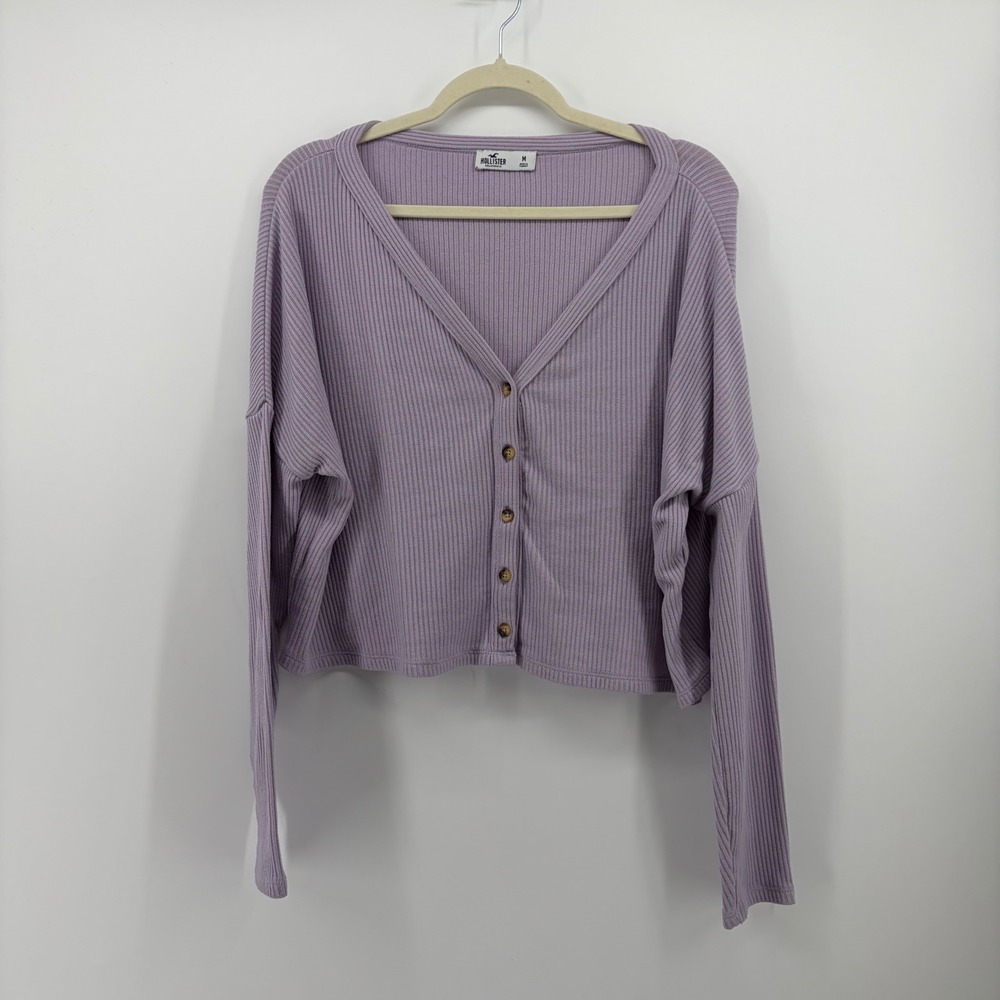 Hollister Medium Purple Cardigan Ribbed V-Neck Button Front Cropped Relaxed